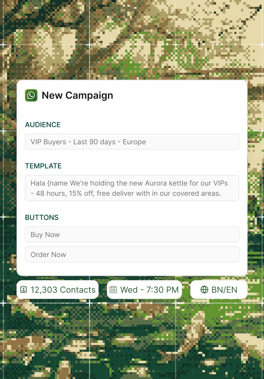 A Revora WhatsApp broadcast composer: a New Campaign card set to a saved audience of VIP buyers, a Meta template message, two reply buttons, and a scheduled send to 12,303 contacts.